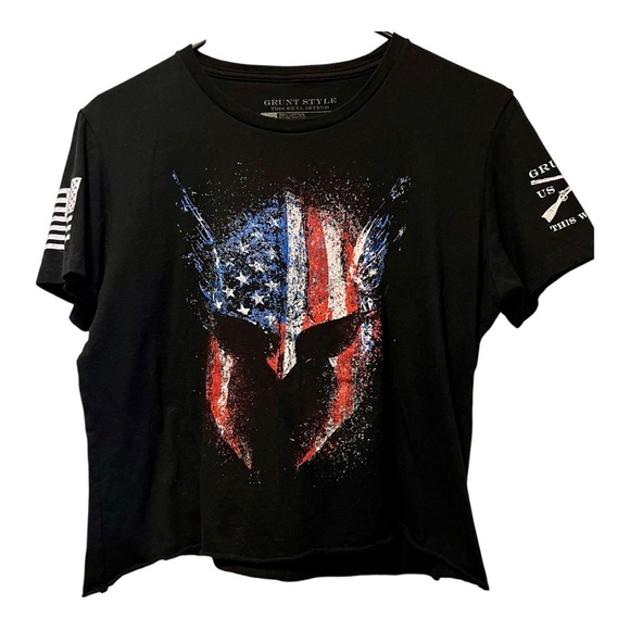 Grunt Style Black T-Shirt with American Flag Spartan Design - Picture 1 of 4
